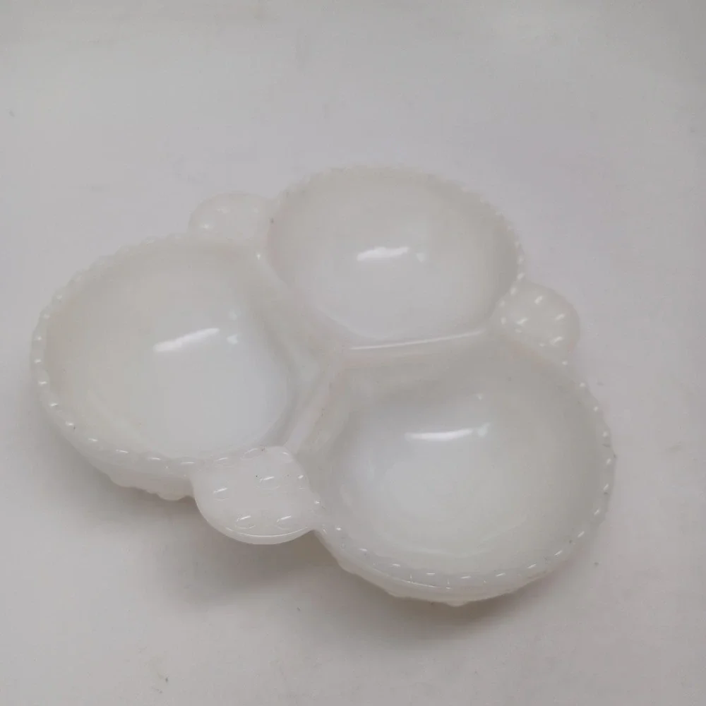 Vintage White Milk Glass Hobnail 3 Compartment Relish Dish Beaded Rim 7 inch